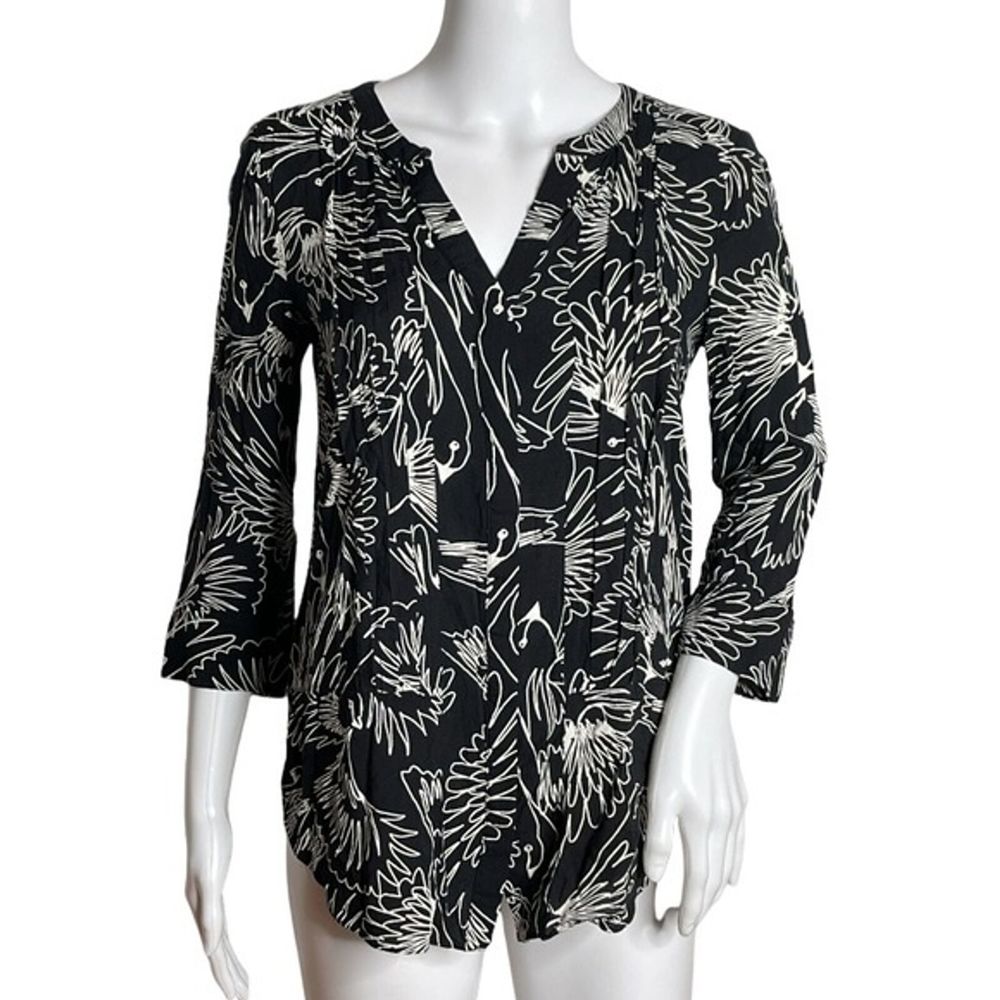 Anthropologie Maeve Shirt Womens 0 Black White Bird Print Button Up Novelty